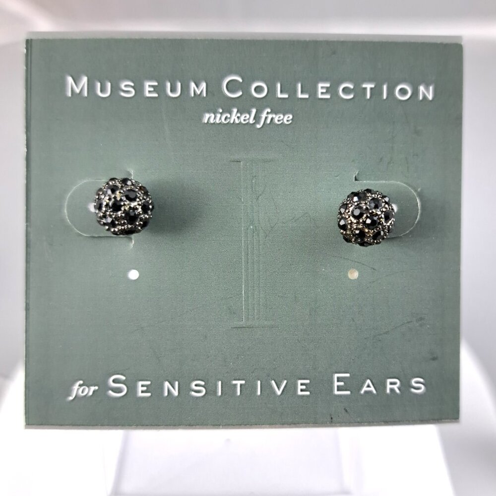 "Museum Collection"  Shiny Black and CZ Stud Earrings
